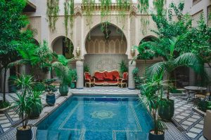 Courtyard and pool of a traditional Moroccan riad