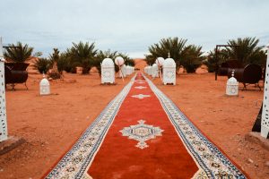 Entrance of a luxury desert camp with Berber carpets