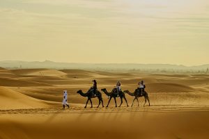 Caravana de camellos cruzando las dunas de Erg Chebbi en Merzouga