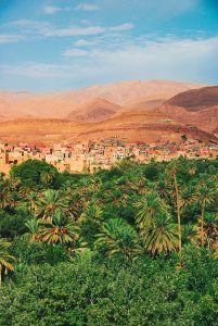 Aldea de adobe sobre un palmeral en un valle oasis del sur de Marruecos