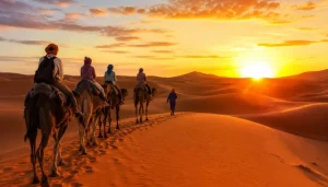 Camel caravan crossing the Erg Chebbi dunes at sunset near Merzouga