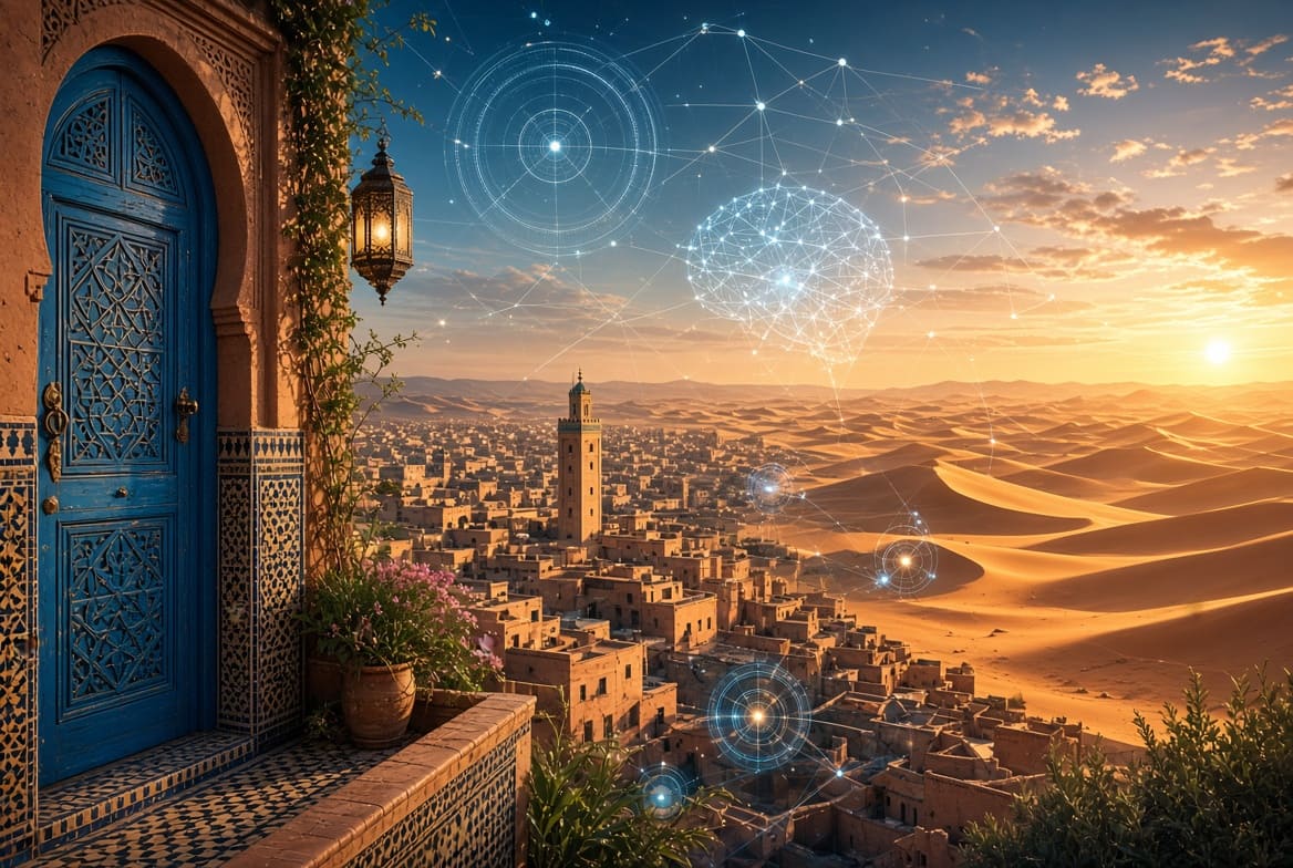 Artificial intelligence neural networks floating over traditional Moroccan blue door, desert city and Sahara dunes at golden sunset – AI travel planning concept