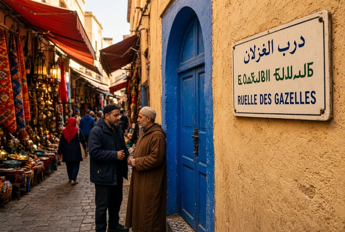 Señal de carretera marroquí en árabe tifinagh y latino Puesto de especias en un zoco de Marrakech Carta de restaurante en árabe y francés en Marruecos Té a la menta servido en una terraza marroquí