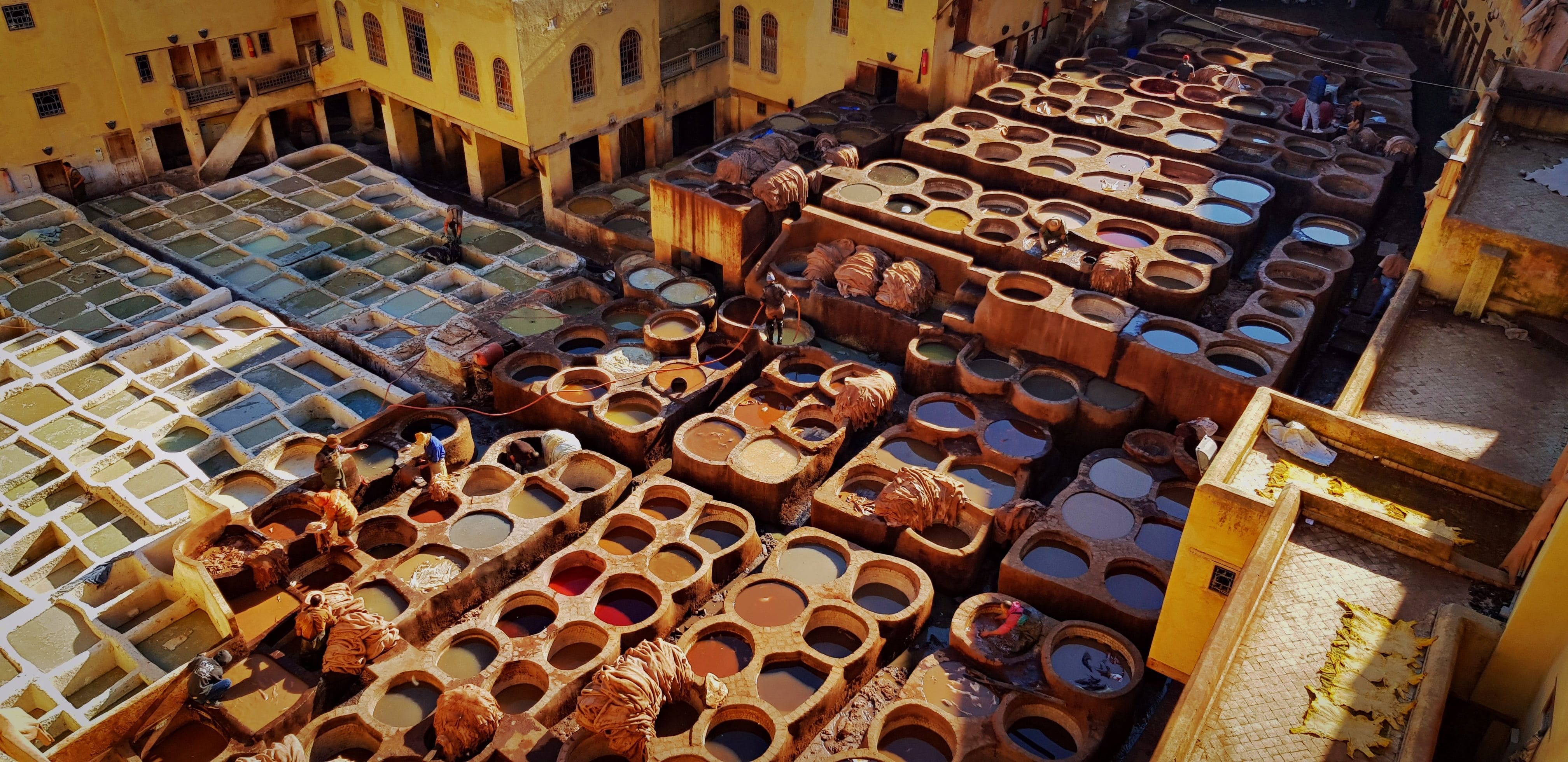 Curtiduría Chouara Chouara tannery dye pits seen from a terrace in Fez