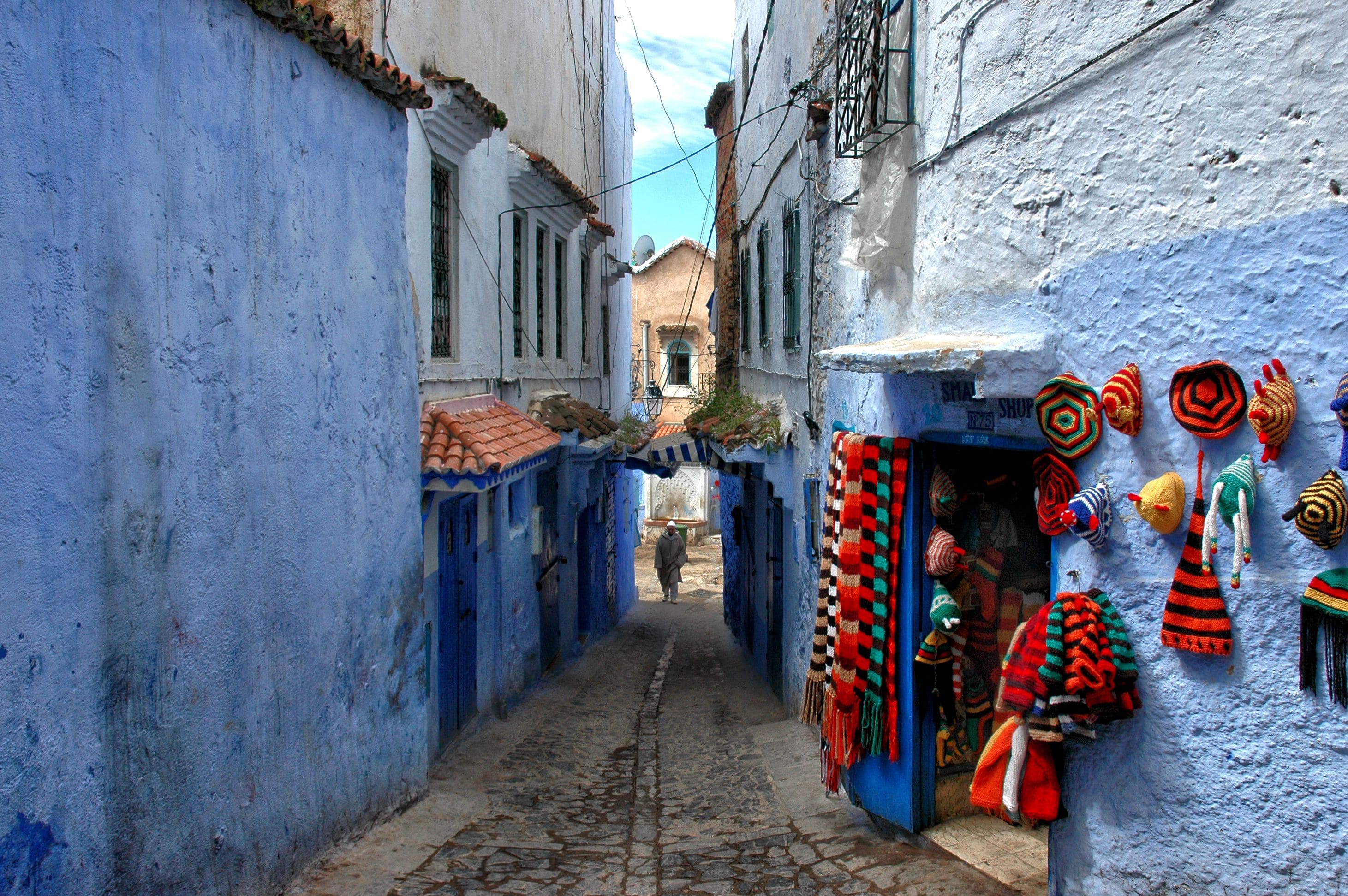 Vista panorámica de Chefchaouen Marruecos desde la Mezquita Española Puente de Dios, arco natural del valle de Akchour Mantas de lana tejidas a mano en una tienda de Chefchaouen Escalera azul con macetas de barro en la ciudad azul Carretera del Rif entre Tánger y Chefchaouen Marruecos Gato durmiendo en un escalón azul de la medina