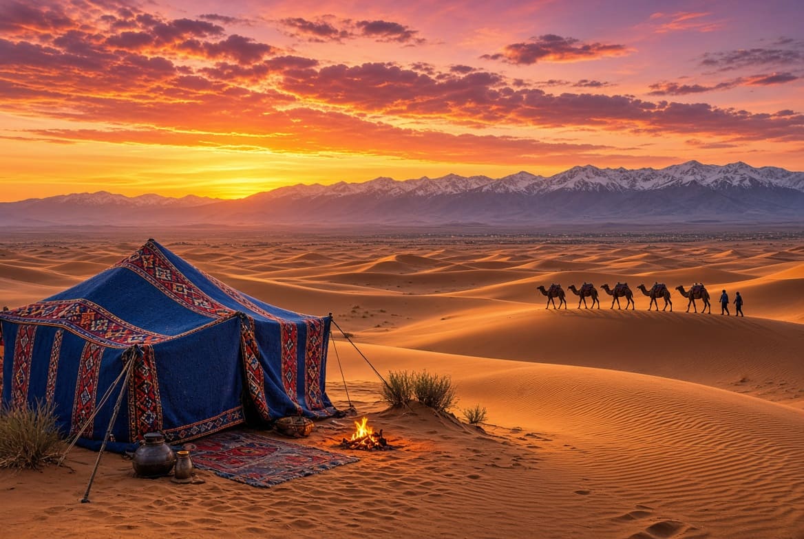 Golden Sahara desert dunes at sunset with a traditional blue Berber tent in the foreground, a small campfire, and a camel caravan walking toward snow-capped Atlas Mountains under a vibrant orange and pink sky.
