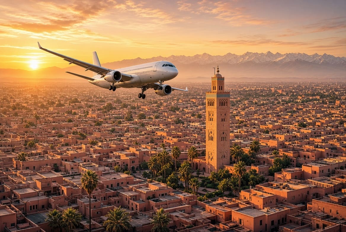 Airplane flying over Marrakech medina at sunset with Koutoubia Mosque and Atlas Mountains