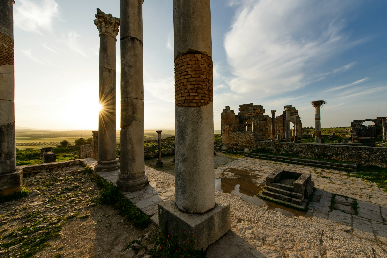 Roman columns of Volubilis at sunset, near Meknes and Fes