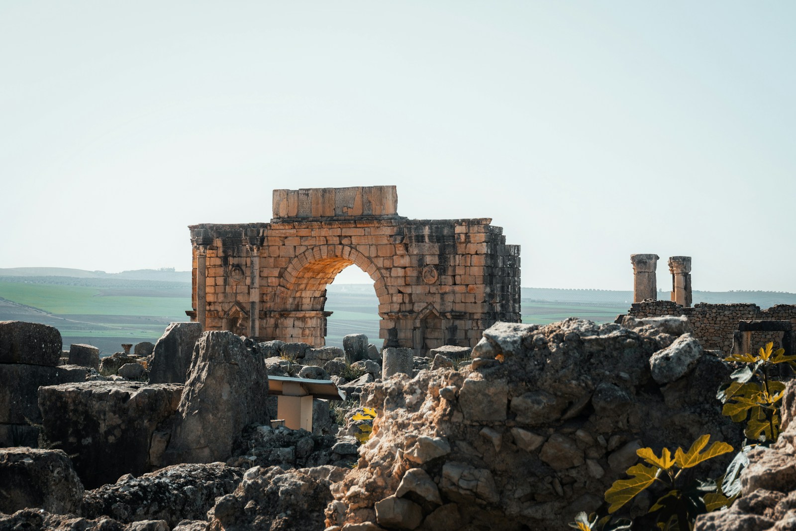 Triumphal arch and stone ruins of Volubilis, Morocco